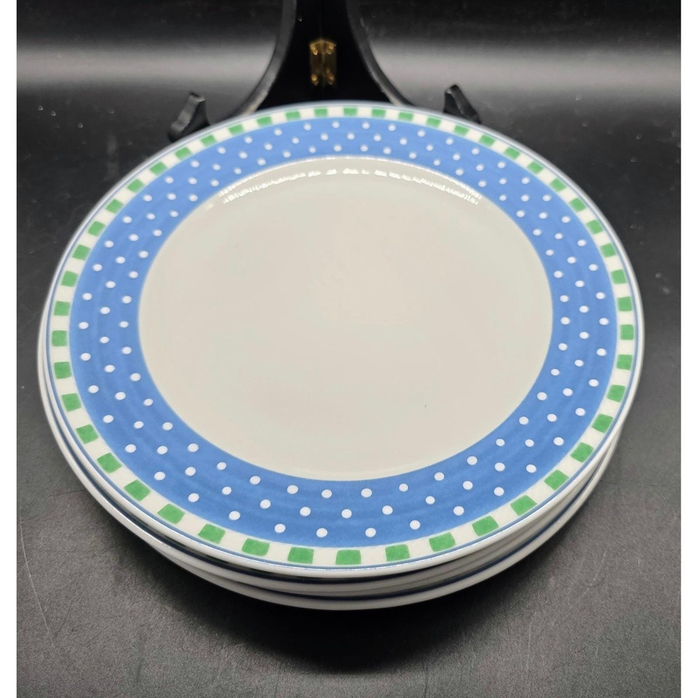 Set/4 Villeroy & Boch Party Look Salad Plates Blue Polka Dot Green Checkered